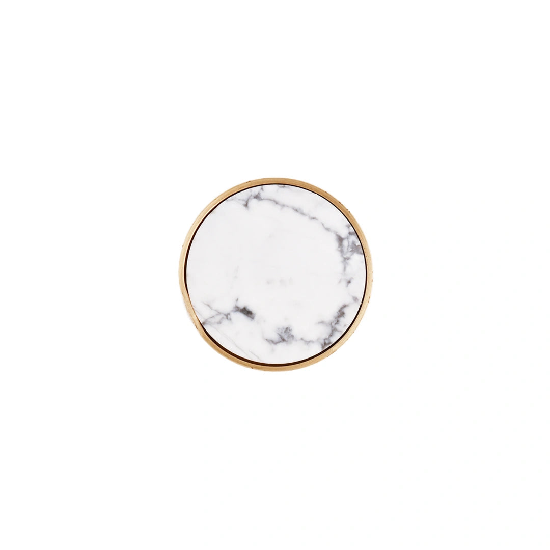The Mantara M-0004 Carrara Knob is a modern stone and brass knob in white, ideal for drawers and cabinets.