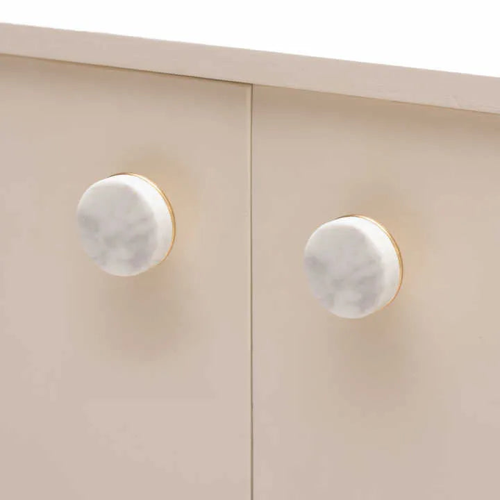 Elysian Knob M-0016 in white marble and brass, 32mm, polished face with brushed stem, for kitchen and dresser drawers.