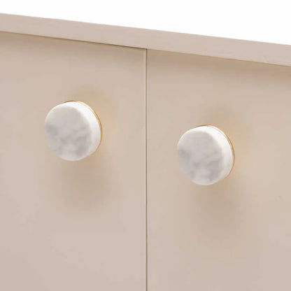 Elysian Knob M-0016 in white marble and brass, 32mm, polished face with brushed stem, for kitchen and dresser drawers.