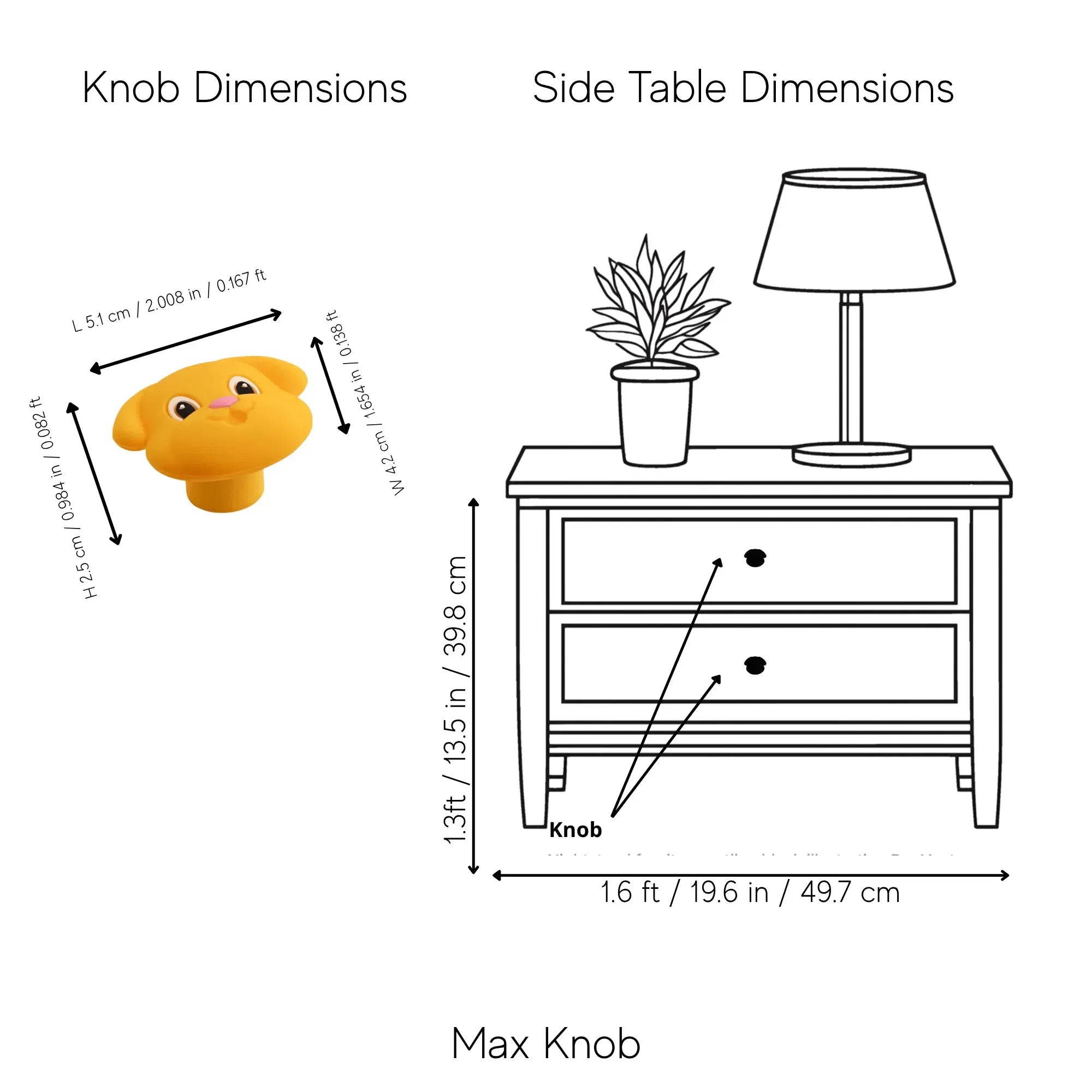 A dimension diagram showing a yellow dog-shaped knob with labeled measurements on the left, and a side table with arrows pointing to the knobs on the right under the heading MAX Knob