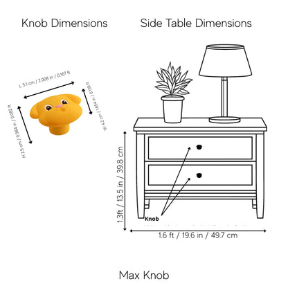 A dimension diagram showing a yellow dog-shaped knob with labeled measurements on the left, and a side table with arrows pointing to the knobs on the right under the heading MAX Knob