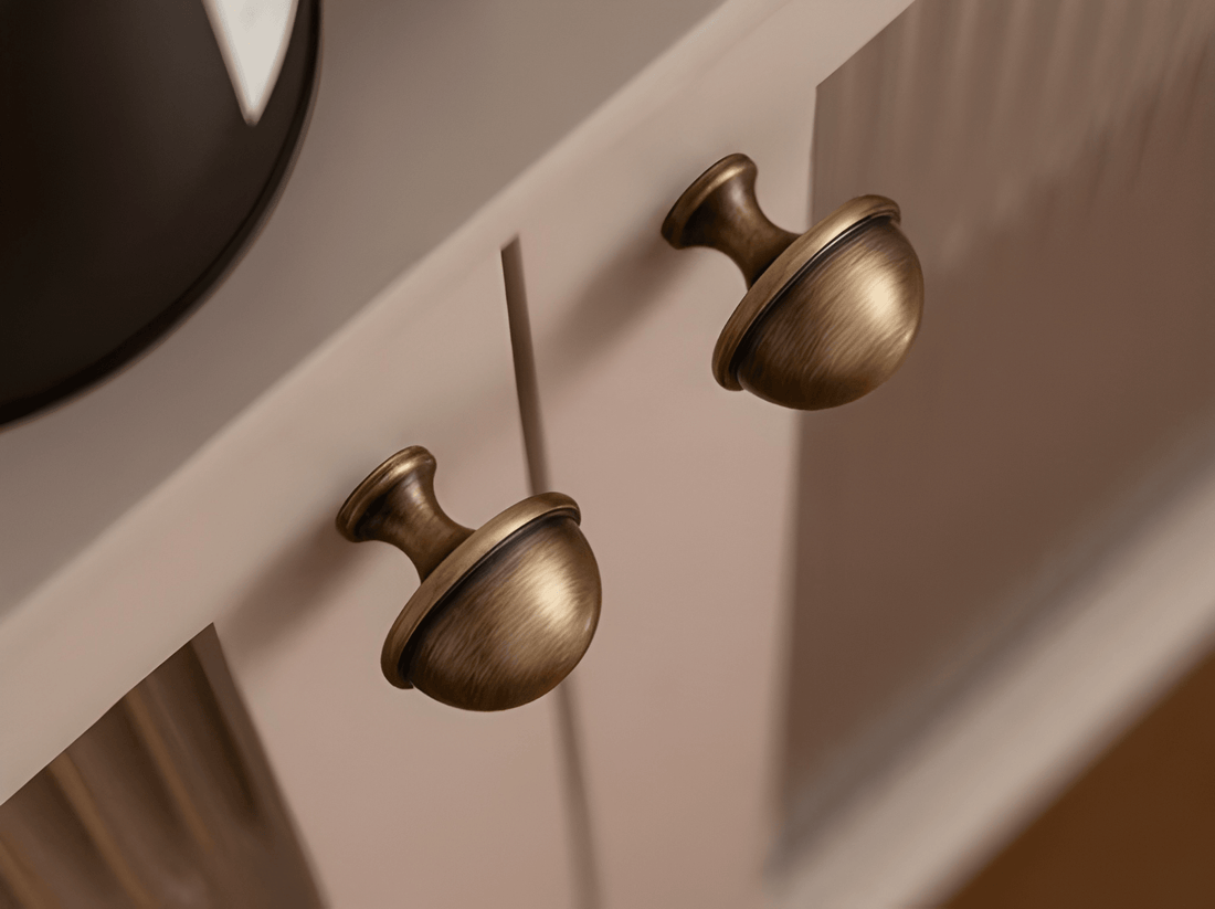 B-0150 brass cabinet fittings, knob and handle combo, bronze brushed finish, sizes 29mm 67mm 181mm 216mm 282mm, for drawers by Mantara