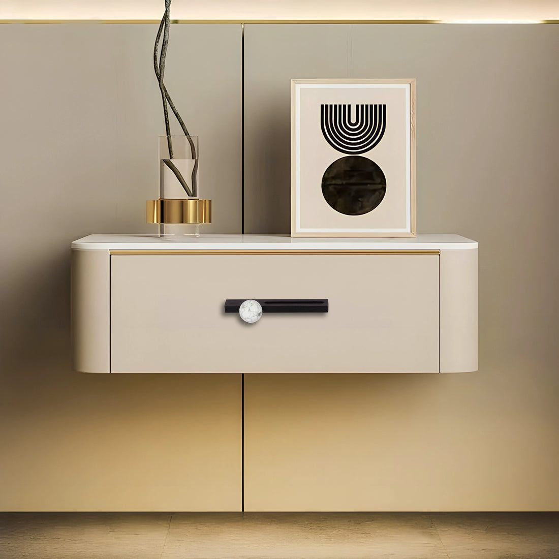 Calyx Handle M-0017 in white marble, brushed finish, 106mm &amp; 146mm sizes, for drawers by Mantara.