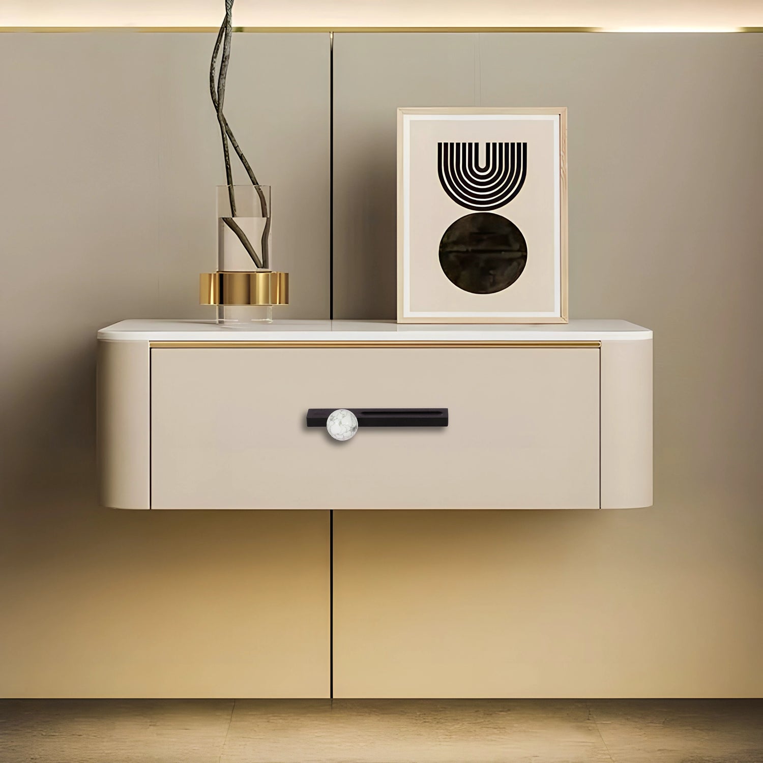 Calyx Handle M-0017 in white marble, brushed finish, 106mm &amp; 146mm sizes, for drawers by Mantara.