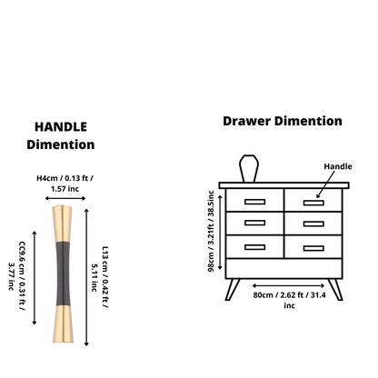 Furniture handle in brass and wood, featuring a tapered form in black and gold finish, Sylvia Handle W-0014 by Mantara.