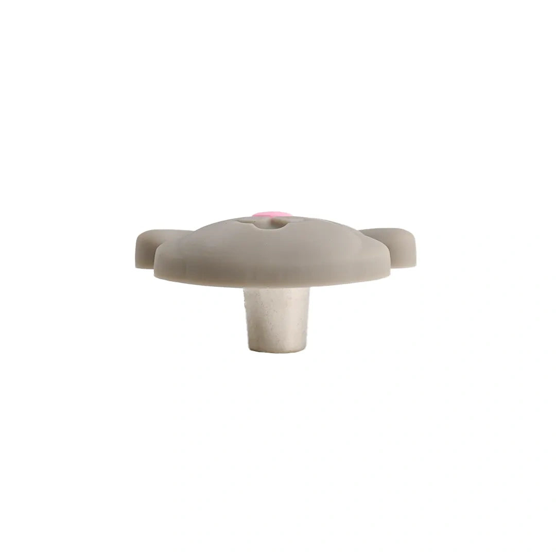 A gray, cartoonish mouse-shaped knob with a pink nose is shown from a side angle against a white background. The knob has two rounded ears and a stem extending downwards.