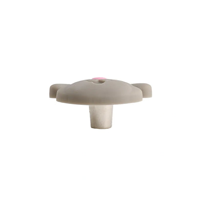 A gray, cartoonish mouse-shaped knob with a pink nose is shown from a side angle against a white background. The knob has two rounded ears and a stem extending downwards.