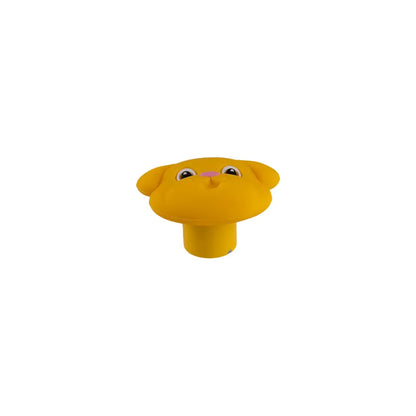 A bright yellow knob featuring a cute cartoon dog face with black eyes and a small pink nose, shown on a plain white background.