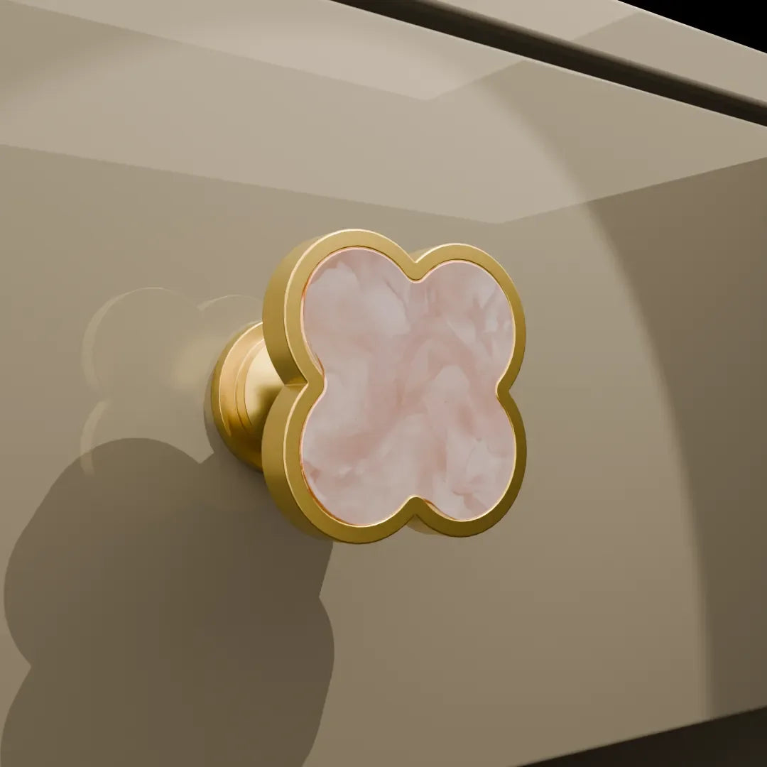Acrylic and brass round drawer knob in Pink finish by Mantara for cabinets, wardrobes and kitchen drawers. Alhambra knob A-0006