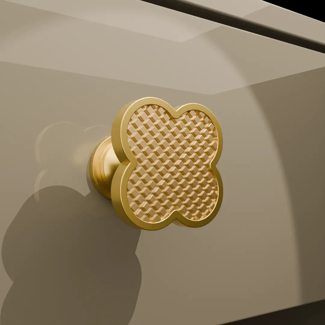 Acrylic and brass round drawer knob in  lattice brass  finish by Mantara for cabinets, wardrobes and kitchen drawers. Alhambra knob A-0006