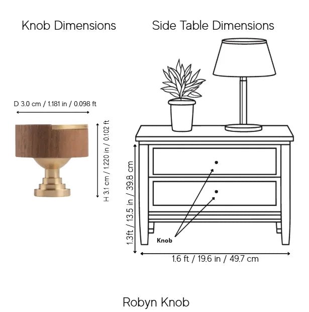 A dimension diagram showing a Robyn Knob with labeled measurements for diameter, height, and side table width, alongside a line drawing of a side table with a plant and lamp on top.