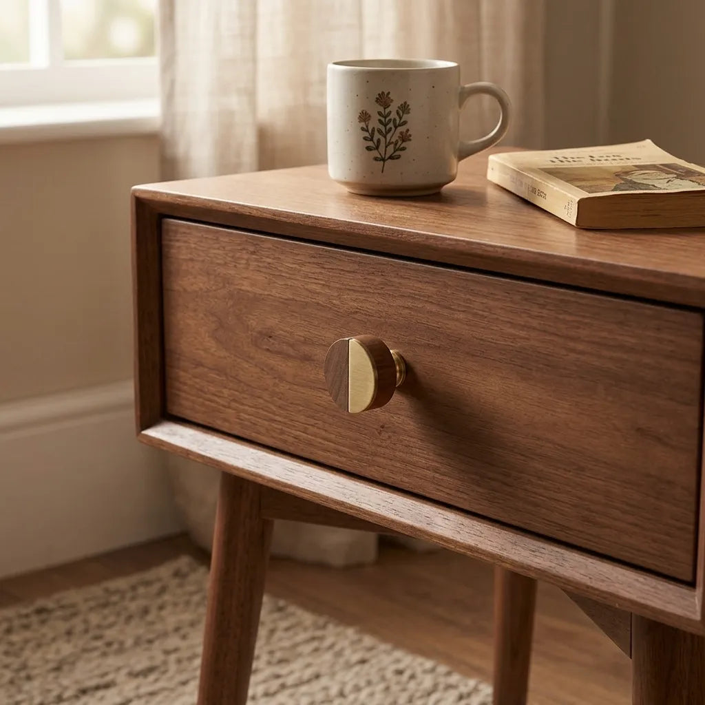 A mid-century modern wooden nightstand with a single drawer and a round brass-and-wood knob, styled in a warm room setting with a mug and book on top.