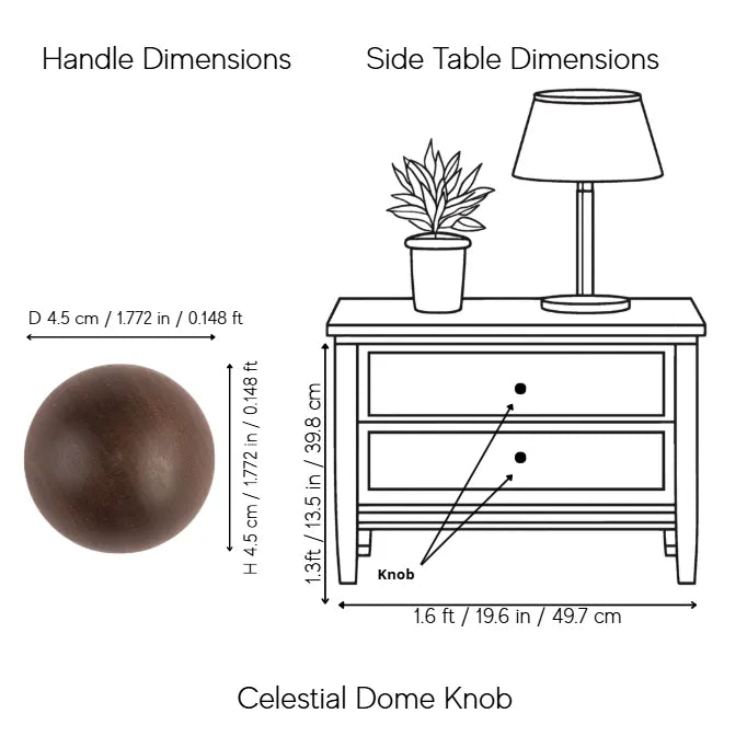 A dimension diagram showing a dark brown spherical dome-shaped knob labeled &