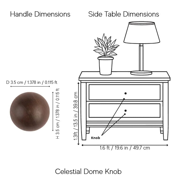 A dimension diagram showing the handle and side table measurements for a cabinet with a &