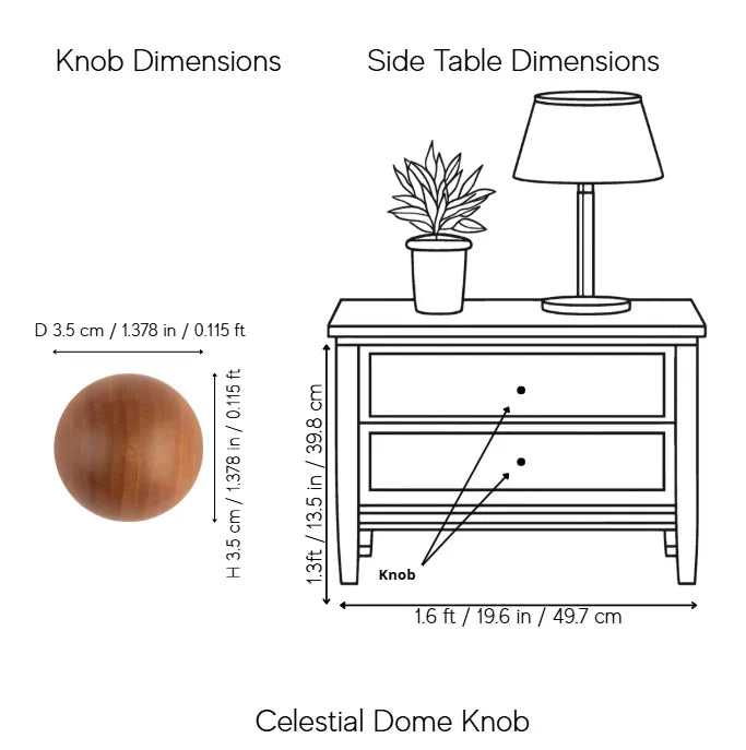A dimension diagram showing a wooden dome-shaped knob with labeled measurements and a side table line drawing with knob placement annotations. Text reads &
