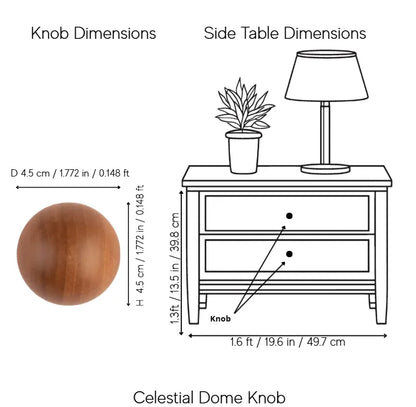A dimension diagram showing a wood-look dome knob and side table measurements. The left side displays the knob dimensions.