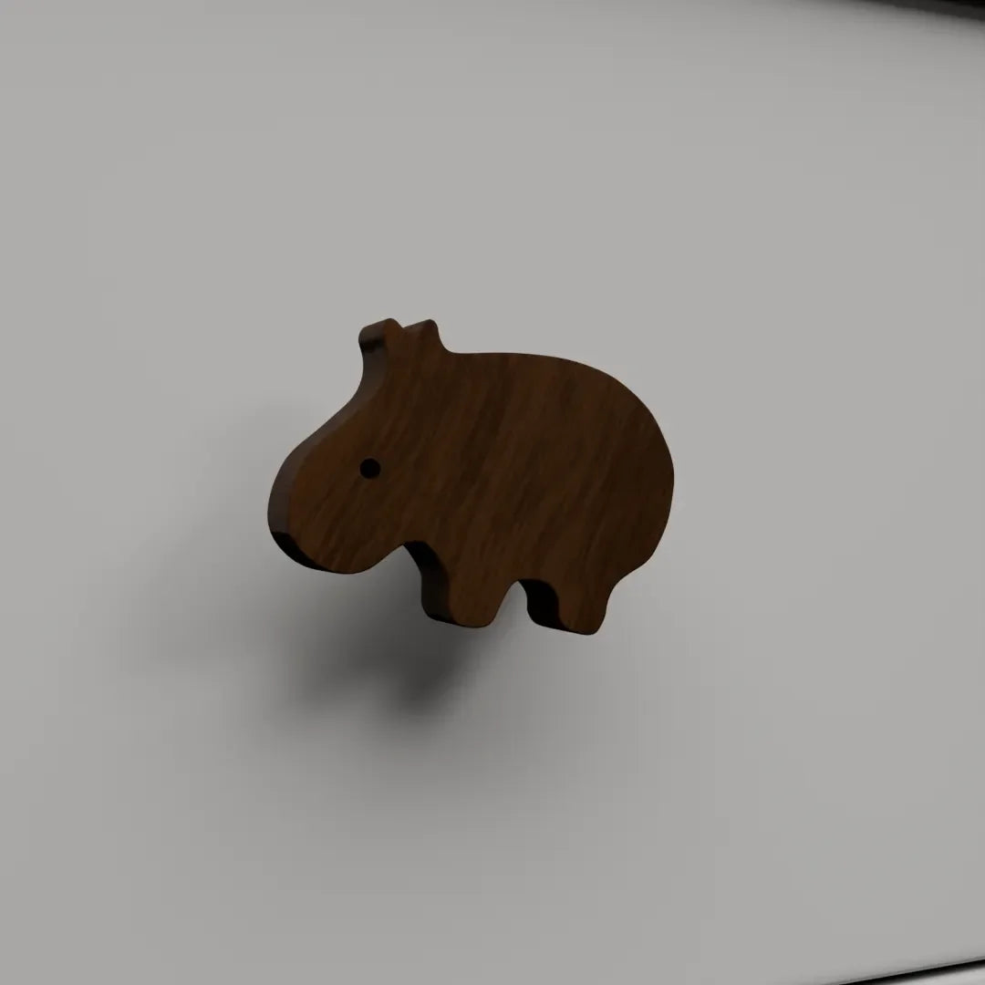 Mantara Hippo Wooden Knob/Hook  W-0024 is a modern wood knob and wall hook in brushed walnut  finish, ideal for kids’ rooms, cabinets, and wardrobes.
