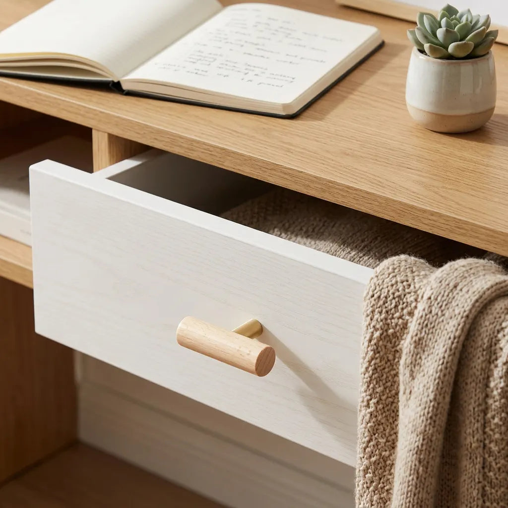 A close-up of a light wood desk with a white drawer pulled open, featuring a round natural wood knob. A beige knit throw blanket is draped over the side of the drawer, and an open notebook and a small potted succulent sit on the desk surface.