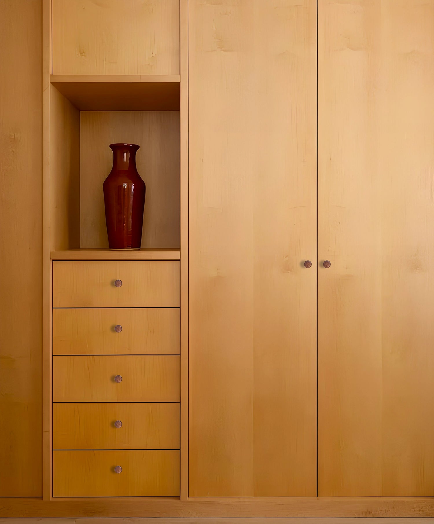 Mantara Tectona Knob W-0054 is a modern walnut wood knob with brushed finish, ideal for kitchen drawers, dresser drawers.