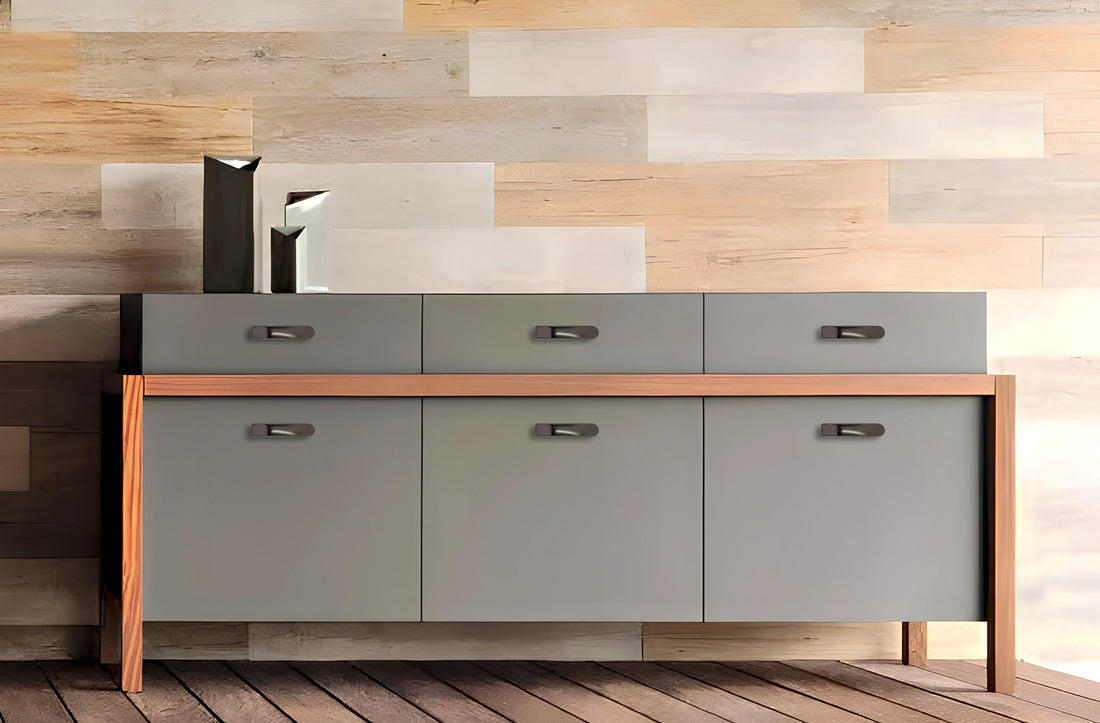 Gray sideboard with wooden accents and sleek handles, set against a wooden wall—modern warmth and contrast by Mantara.
