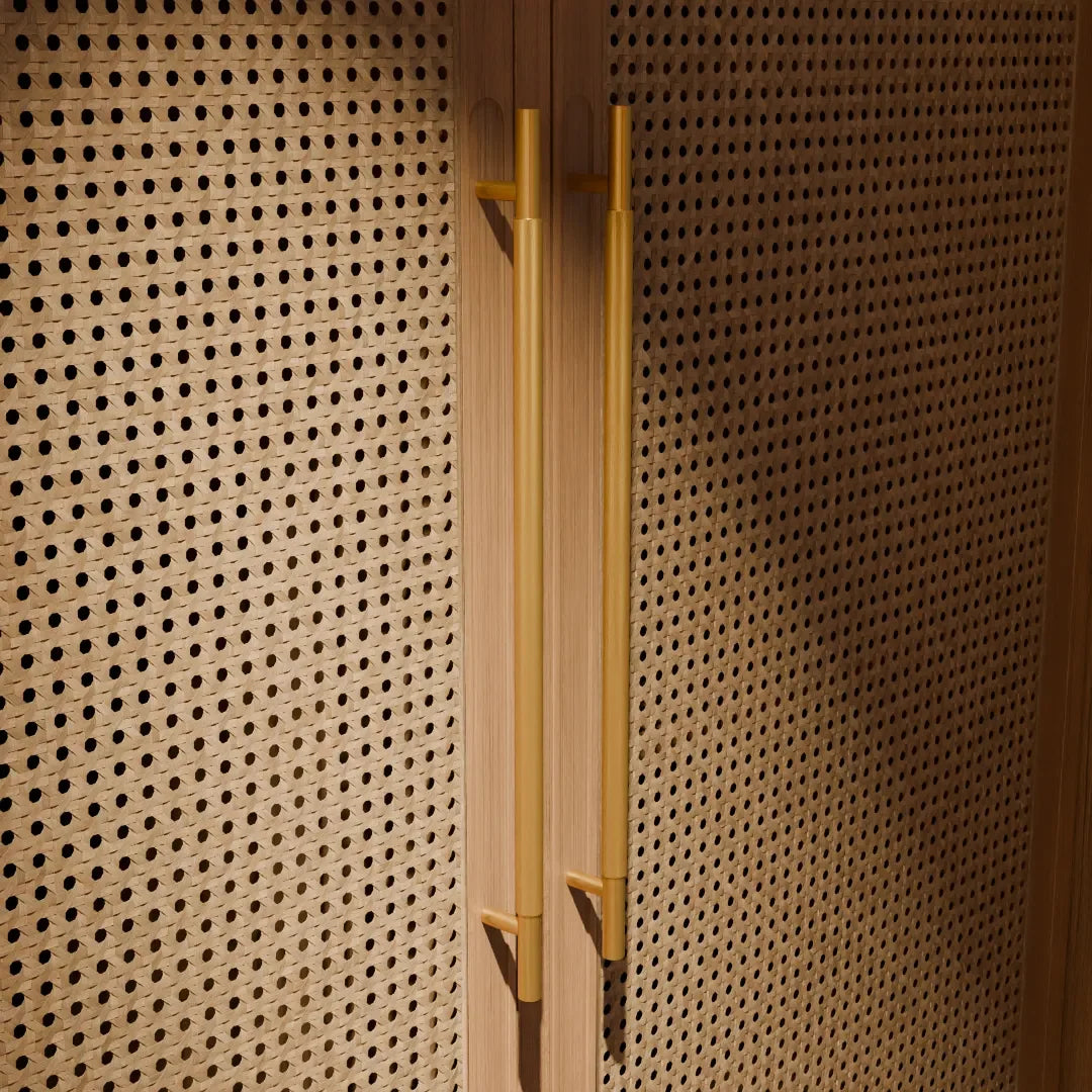 Mantara Pisa Knob B-0060 is a modern brushed brass handle in gold, ideal for wardrobes, cabinets, and main doors.