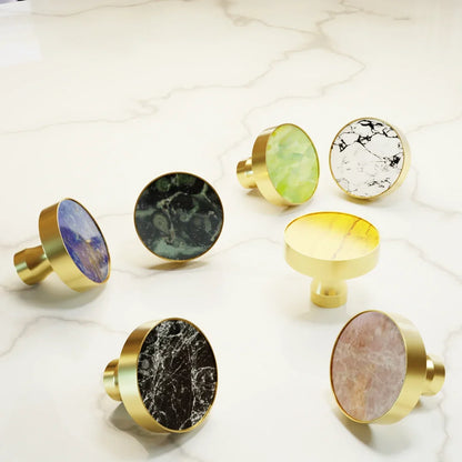 Mantara Carrara Knob M-0004 is a modern natural stone and brass knob with brushed finish for cabinets and drawers.