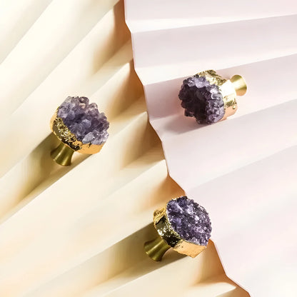 Elegant purple crystal door and cabinet knob with brass detailing by Mantara, model C-0026 - crystal knob, door knob, cabinet knob.