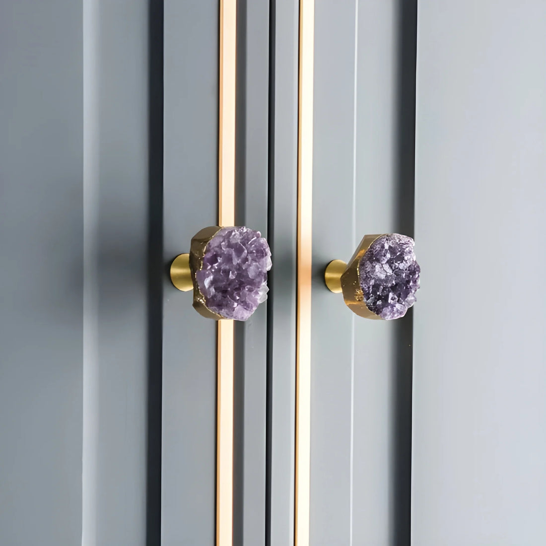 Elegant purple crystal door and cabinet knob with brass detailing by Mantara, model C-0026 - crystal knob, door knob, cabinet knob.
