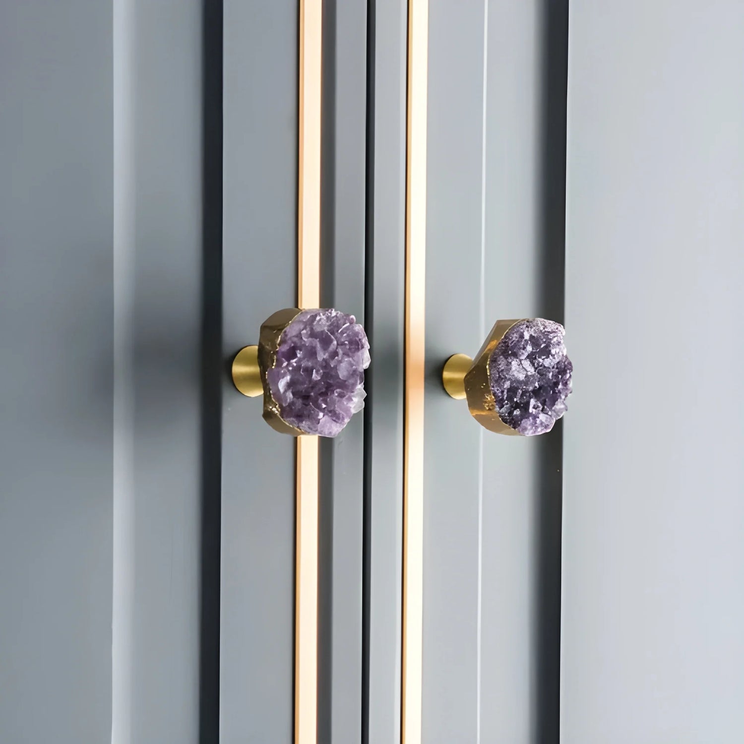 Elegant purple crystal door and cabinet knob with brass detailing by Mantara, model C-0026 - crystal knob, door knob, cabinet knob.