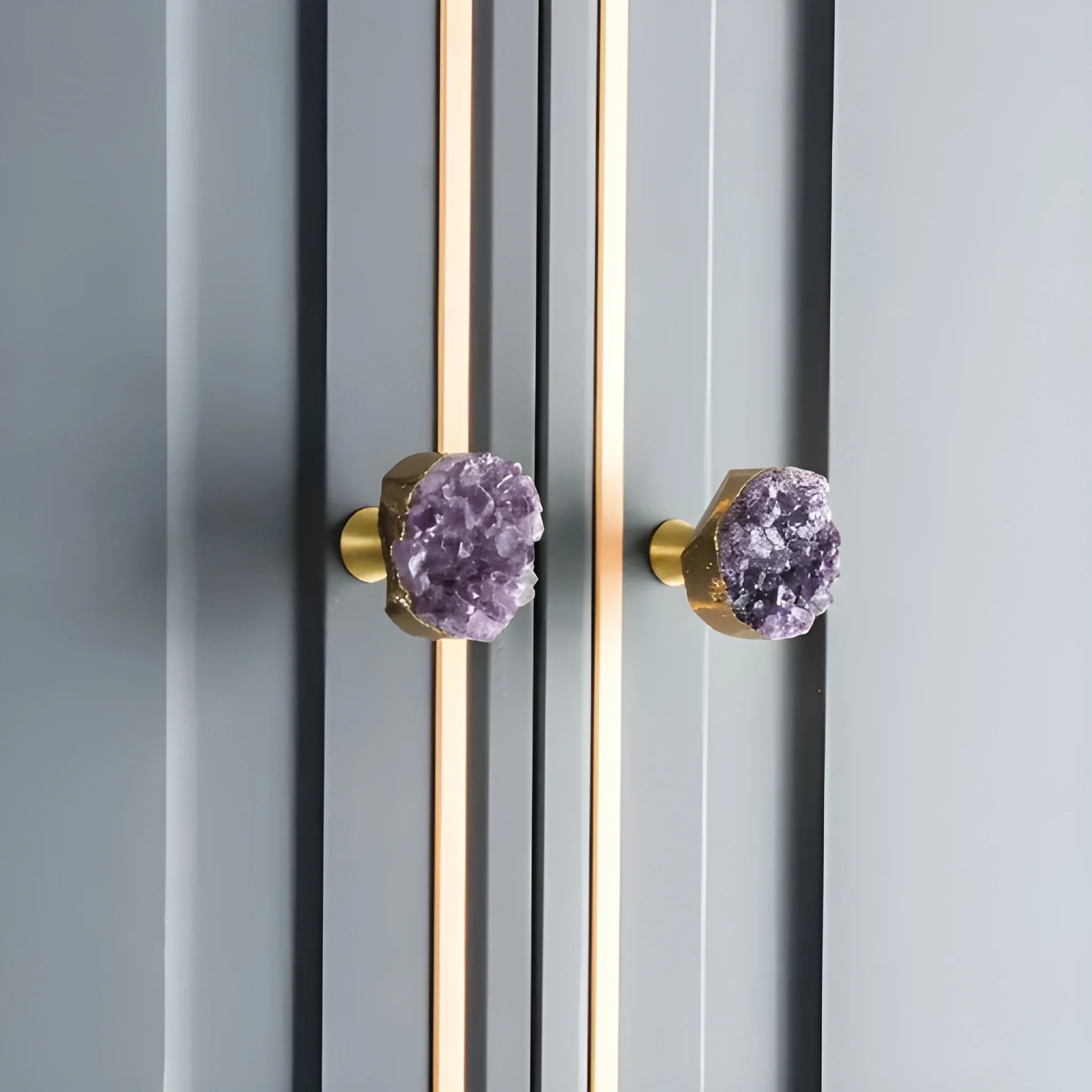 Elegant purple crystal door and cabinet knob with brass detailing by Mantara, model C-0026 - crystal knob, door knob, cabinet knob.
