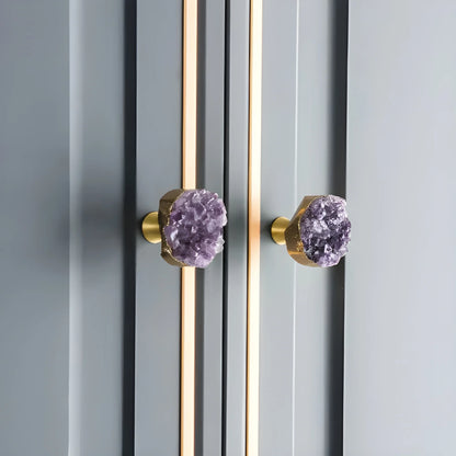 Elegant purple crystal door and cabinet knob with brass detailing by Mantara, model C-0026 - crystal knob, door knob, cabinet knob.