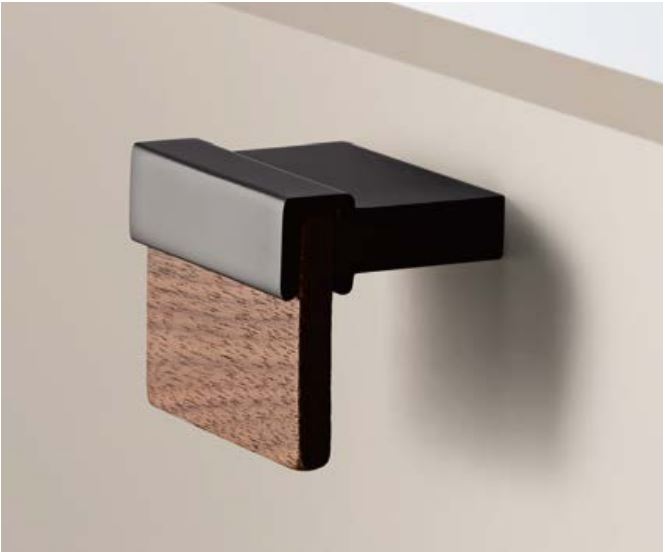 Mantara Amity Knob  W-0018 is a modern zinc alloy and walnut knob in brushed grey, ideal for kitchen and dresser drawers.