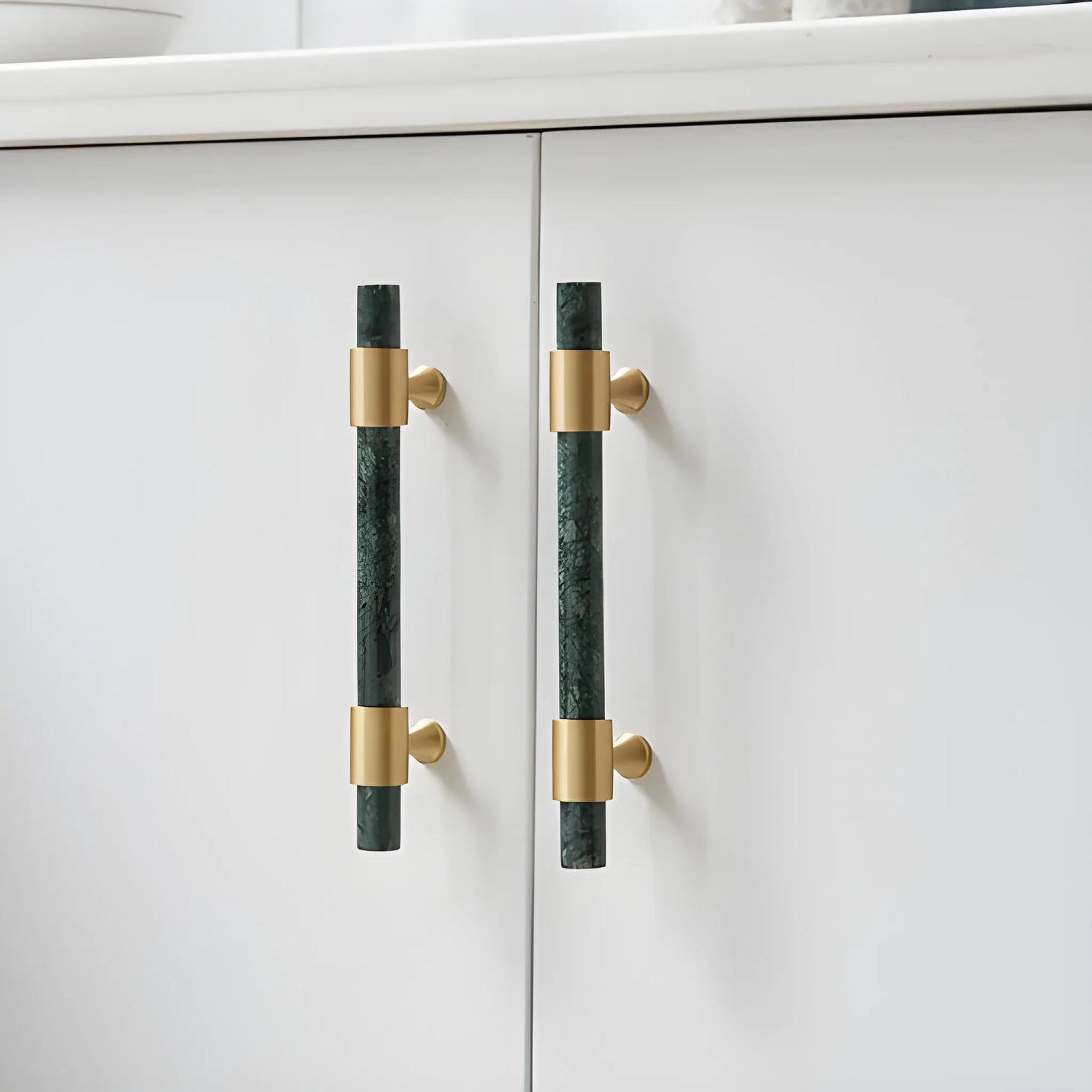 Marble and solid brass with green, black and white color for wardrobe, drawer handle by Mantara, model M-0009-H.