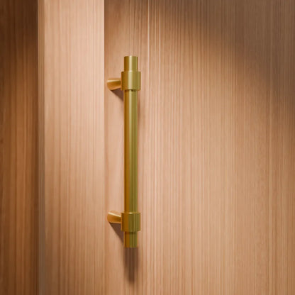 Mantara Seraphine Handle B-0054 is a modern brushed brass handle in gold, ideal for wardrobes, almirahs, and kitchens.