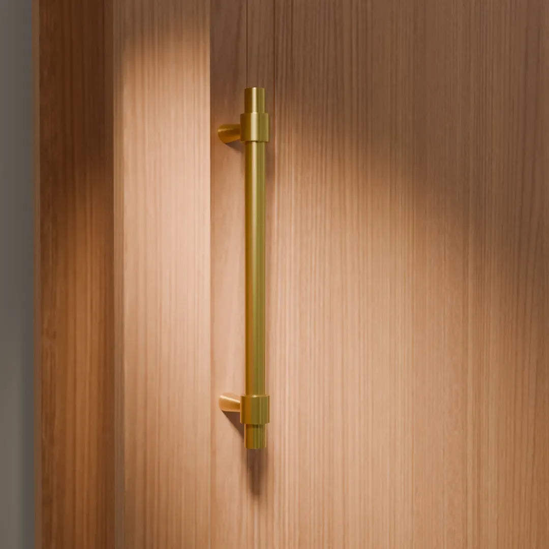 Mantara Seraphine Handle B-0054 is a modern brushed brass handle in gold, ideal for wardrobes, almirahs, and kitchens.