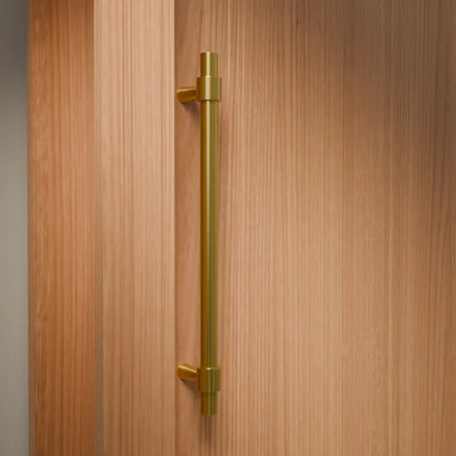 Mantara Seraphine Handle B-0054 is a modern brushed brass handle in gold, ideal for wardrobes, almirahs, and kitchens.