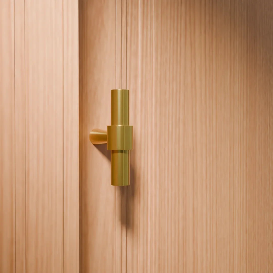 Mantara Seraphine Handle B-0054 is a modern brushed brass handle in gold, ideal for wardrobes, almirahs, and kitchens.