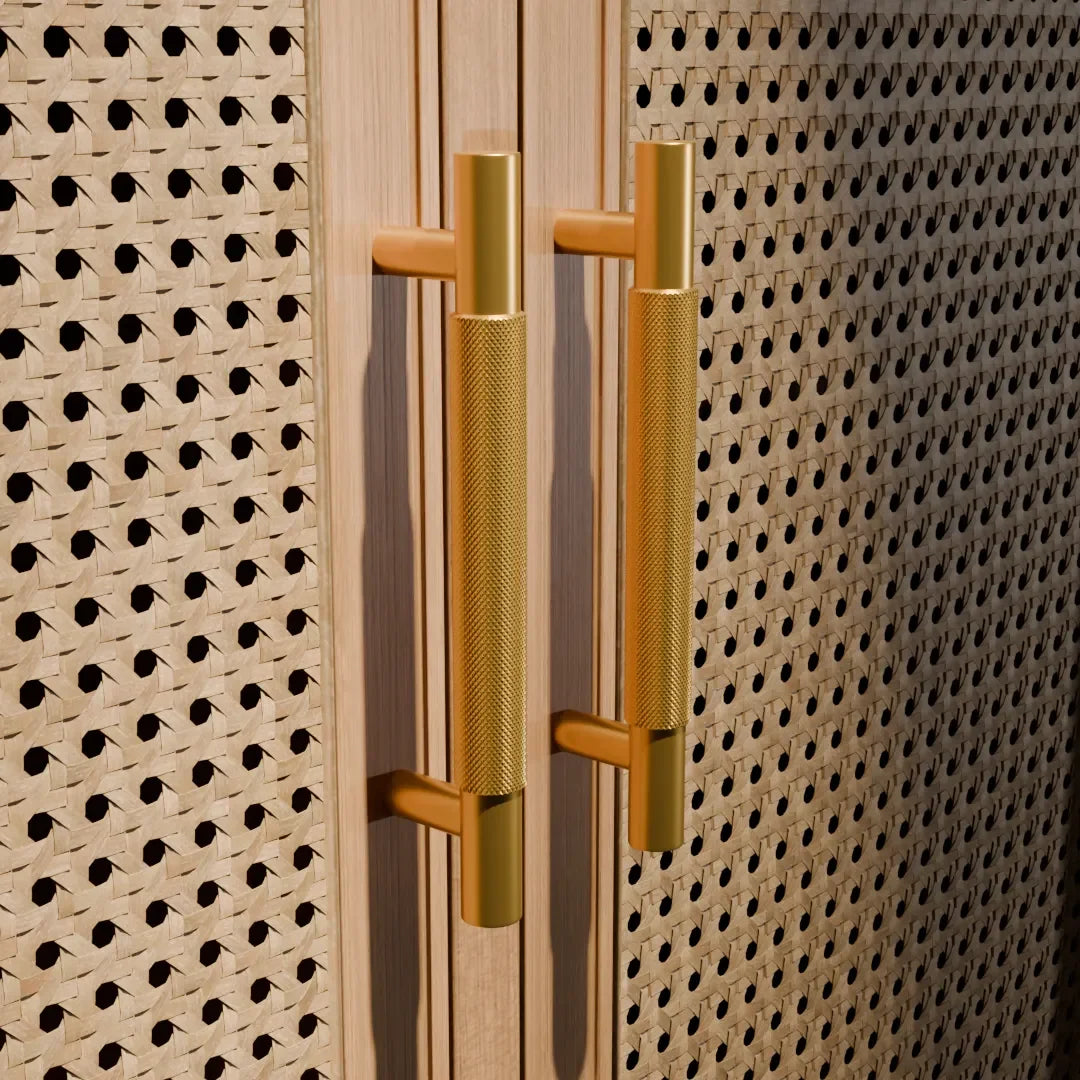 Mantara Pisa Knob B-0060 is a modern brushed brass handle in gold, ideal for wardrobes, cabinets, and main doors.