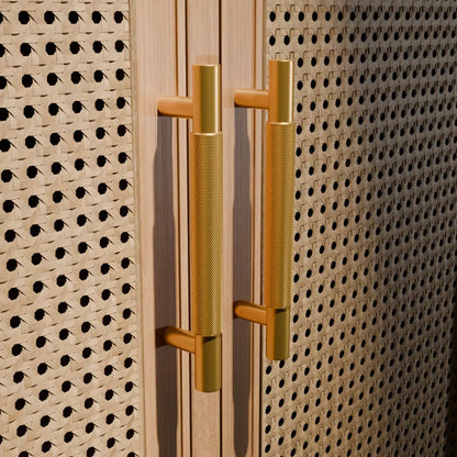 Mantara Pisa Knob B-0060 is a modern brushed brass handle in gold, ideal for wardrobes, cabinets, and main doors.