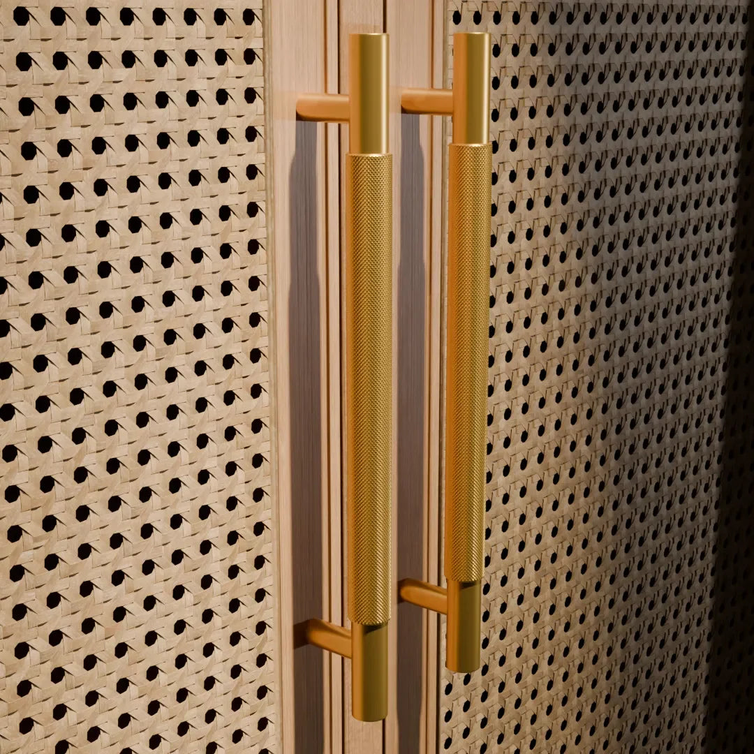 Mantara Pisa Knob B-0060 is a modern brushed brass handle in gold, ideal for wardrobes, cabinets, and main doors.