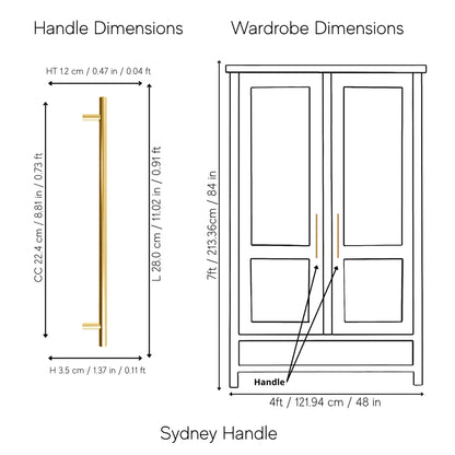Cabinet pull handle, solid brass, brushed gold finish, Mantara, Sydney Handle, B-0080, ideal for wardrobes and kitchens.