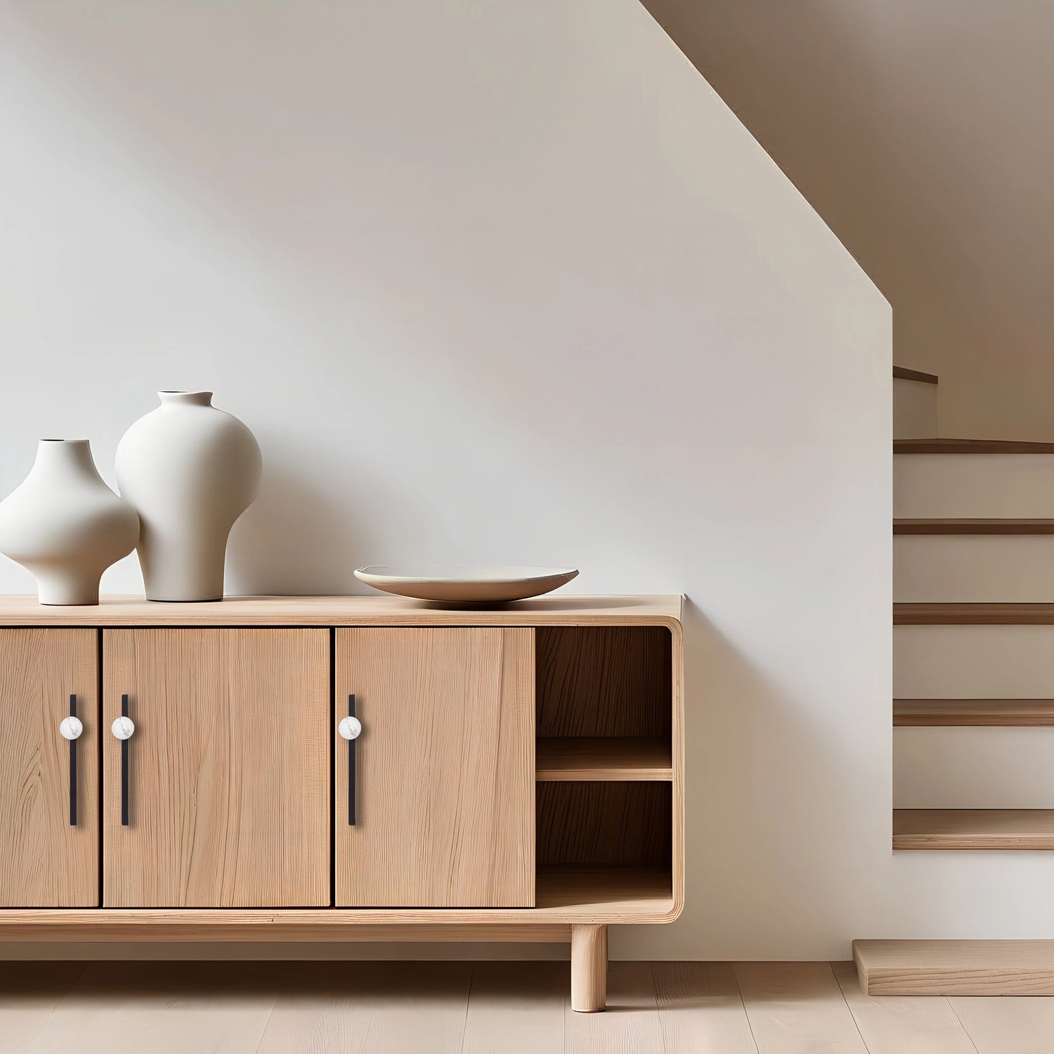 Calyx Handle M-0017 in white marble, brushed finish, 106mm &amp; 146mm sizes, for drawers by Mantara.