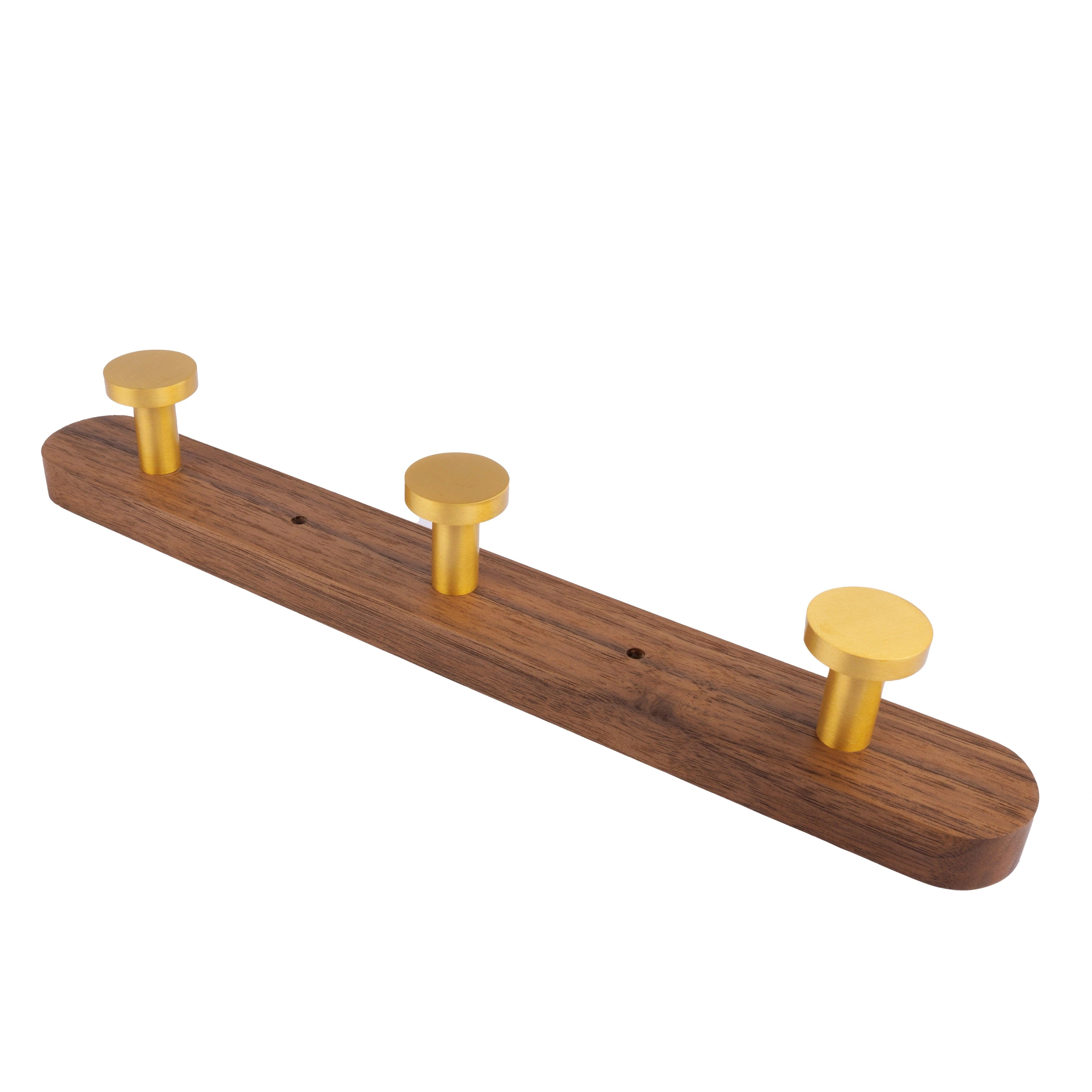 Mantara Calista Hook W-0011 is a modern walnut wood &amp; brass wall hook in gold with brushed finish, ideal for homes &amp; hotels.