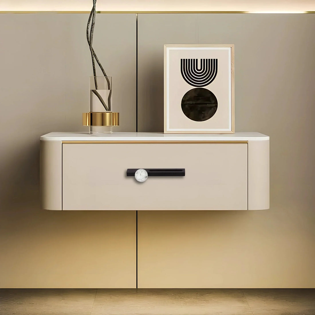 Mantara Calyx Handle M-0017 is a modern white marble handle with brushed finish, ideal for kitchen & dresser drawers.