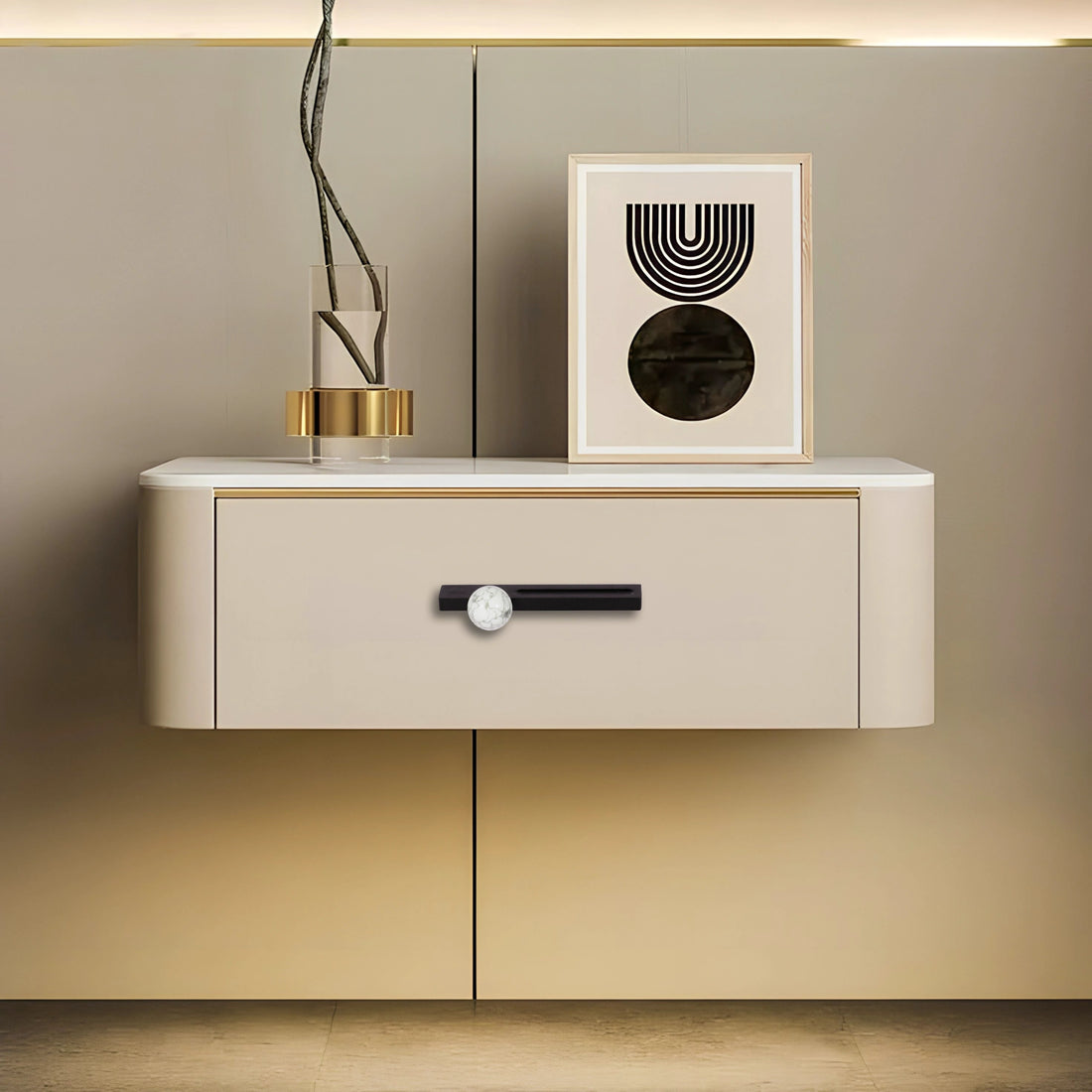 Calyx Handle M-0017 in white marble, brushed finish, 106mm &amp; 146mm sizes, for drawers by Mantara.