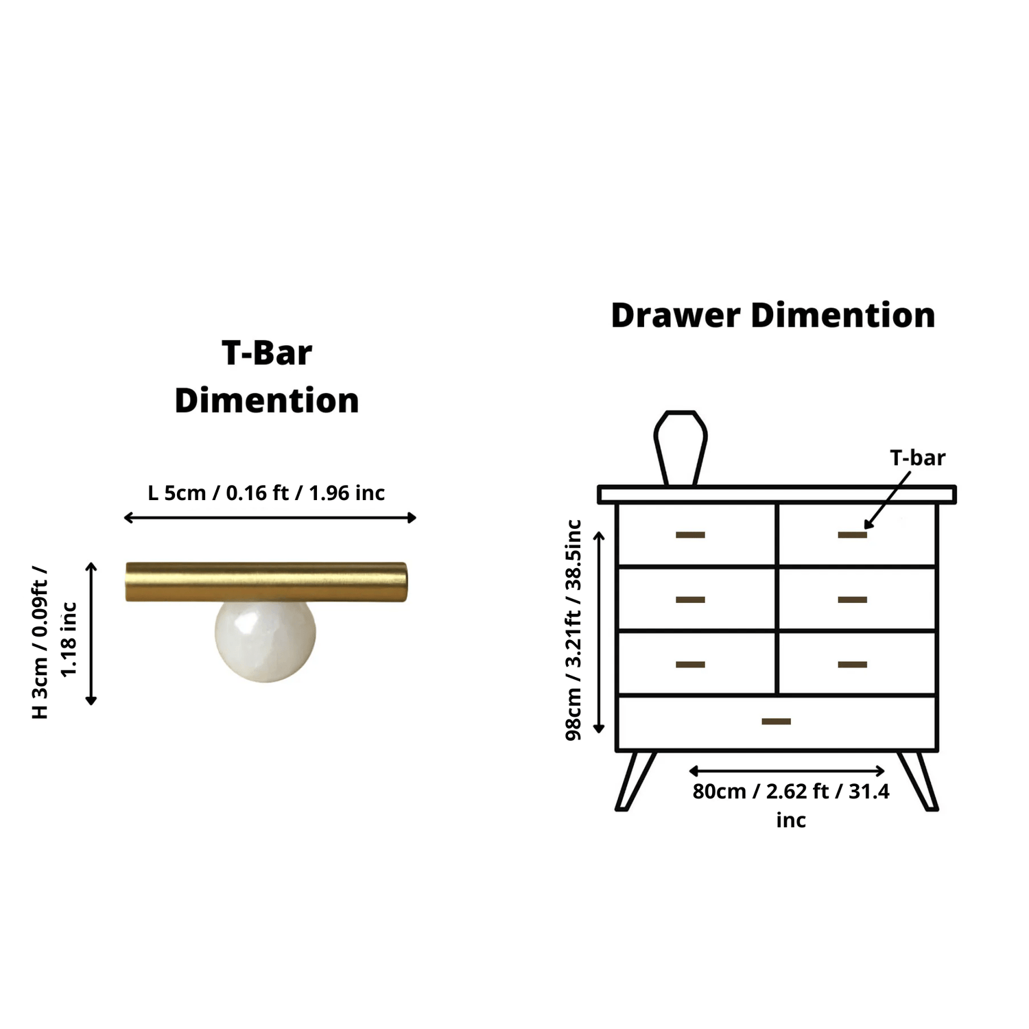 The Mantara C-0020 Chroma T-Bar is a modern crystal and brass knob in white, ideal for drawers and cabinets.
