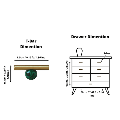 The Mantara C-0020 Chroma T-Bar is a modern crystal and brass knob in green, ideal for drawers and cabinets.
