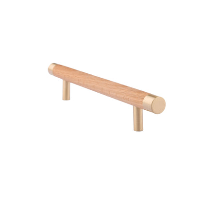 Cinnamon Handle W-0008 in brushed brass &amp; wood, sizes 63–278mm, ideal for wardrobes, cabinets &amp; drawers—by Mantara.