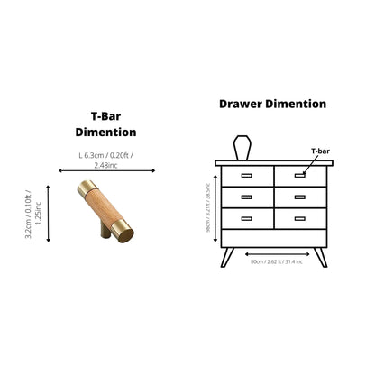 Cinnamon Handle W-0008 in brushed brass &amp; wood, sizes 63–278mm, ideal for wardrobes, cabinets &amp; drawers—by Mantara.