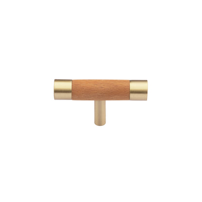 Cinnamon Handle W-0008 in brushed brass &amp; wood, sizes 63–278mm, ideal for wardrobes, cabinets &amp; drawers—by Mantara.